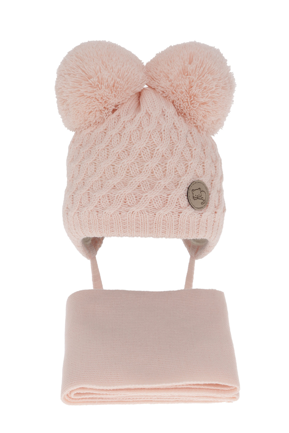 Ensemble d'hiver fille: bonnet et écharpe, rose clair, avec deux pompons, avec liens, Anava