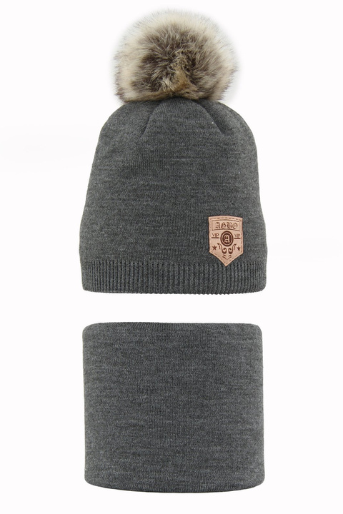 Ensemble d'hiver garçon: bonnet et snood, gris foncé, avec pompon, Apolin