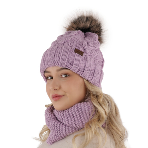 Ensemble d'hiver fille: bonnet et snood, gris, avec pompon, Torina