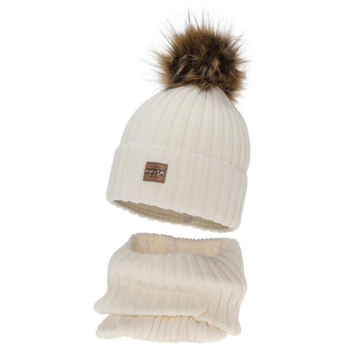 Ensemble d'hiver fille: bonnet et snood, crème, doublé polaire, avec laine mérinos, Bellina