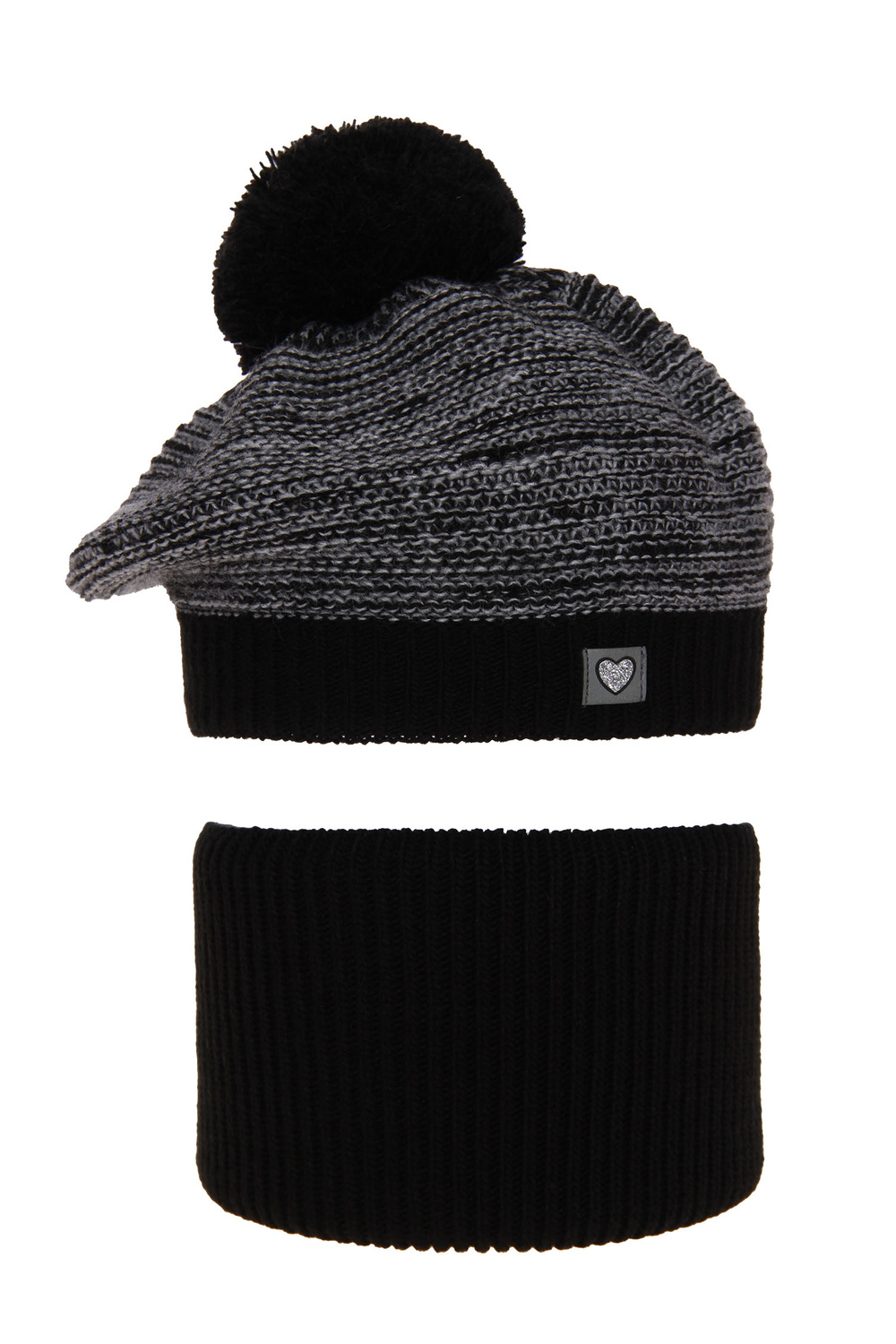 Ensemble d'hiver fille: béret et snood, noir, avec pompon, Lira