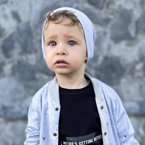 Ensemble automne/printemps garçon: bonnet et snood, gris, coton, Hazel