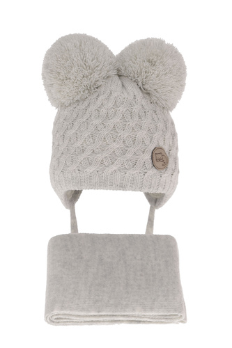 Ensemble d'hiver fille: bonnet et écharpe, gris, avec deux pompons, avec liens, Anava