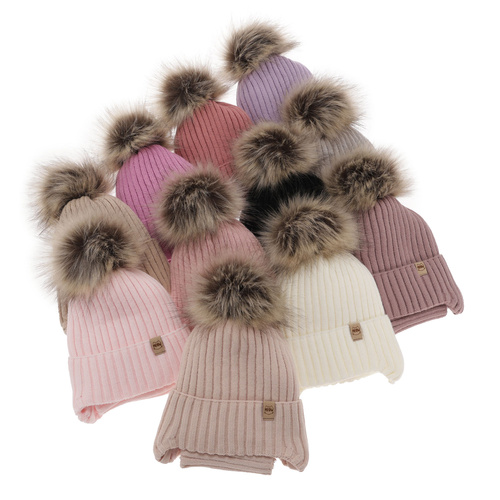 Ensemble d'hiver fille: bonnet et snood, beige, avec pompon, Louisa