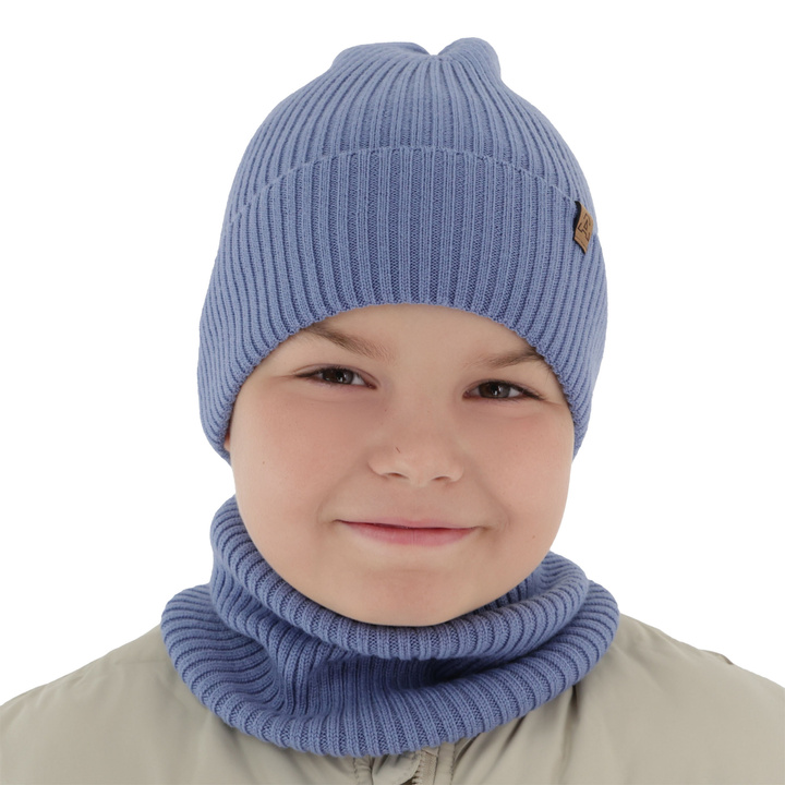 Ensemble automne/printemps garçon: bonnet et snood, bleu, avec laine mérinos, Lemas