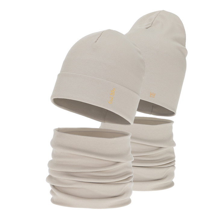 Ensemble automne/printemps fille: bonnet et snood, en coton, beige, Carina