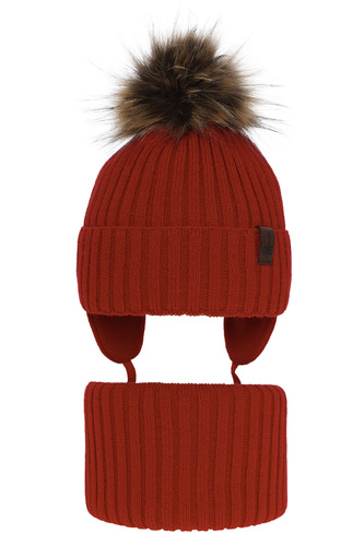 Ensemble d'hiver garçon: bonnet et snood, rouge, avec pompon, Puzel