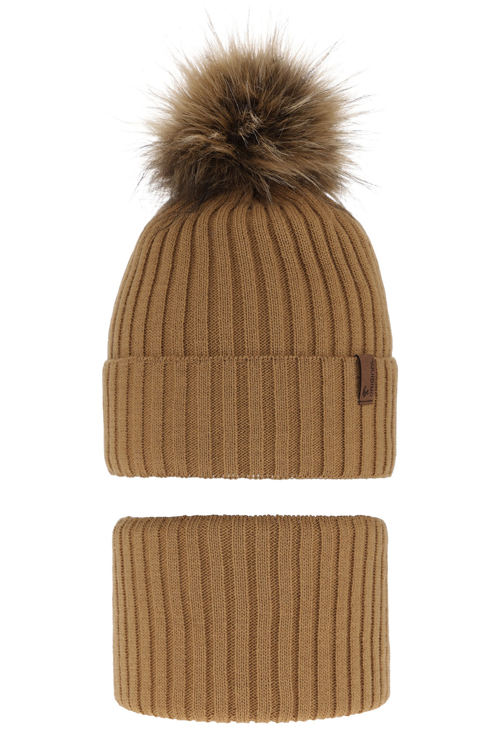 Ensemble d'hiver garçon: bonnet et snood, camel, avec pompon, Onyks