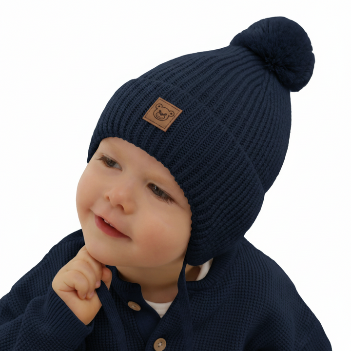 Bonnet d'hiver garçon, bleu marine, avec laine mérinos, doublé de polaire, avec liens, Tofik
