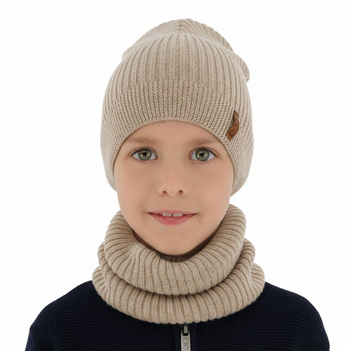 Ensemble automne/printemps garçon: bonnet et snood, beige, avec laine mérinos, Chester