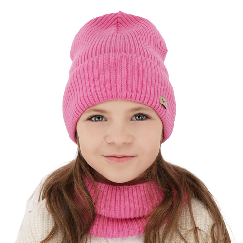 Ensemble automne/printemps fille: bonnet et snood, rose, 100% laine mérinos, Itra