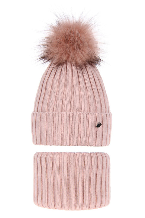 Ensemble d'hiver fille: bonnet et snood, rose, avec pompon, Wilma