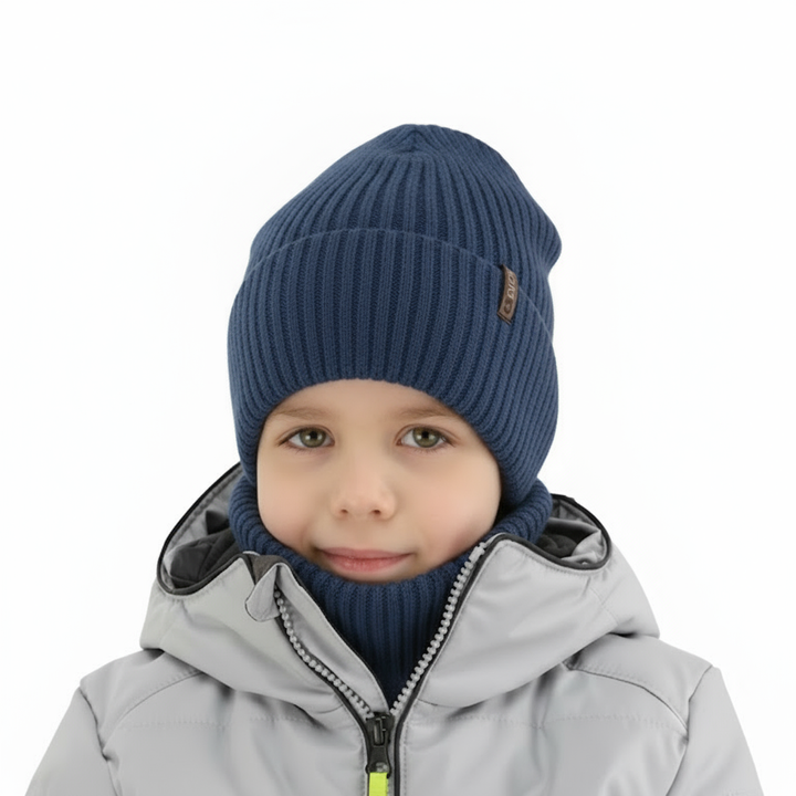Ensemble d'hiver garçon: bonnet et snood, bleu marine, avec laine mérinos, Gizmo