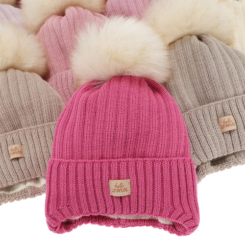 Bonnet d'hiver fille, crème, avec liens, avec laine mérinos, Basma