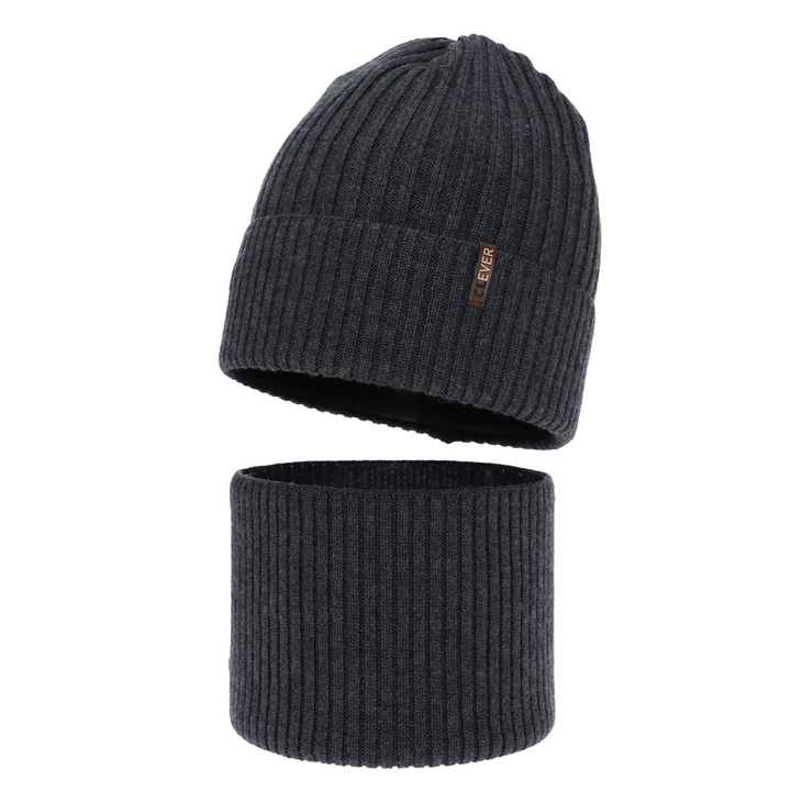 Ensemble d'hiver garçon: bonnet et snood, gris foncé, avec laine mérinos, Gizmo