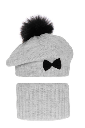 Ensemble d'hiver fille: beret et snood, gris clair, avec pompon, Amora