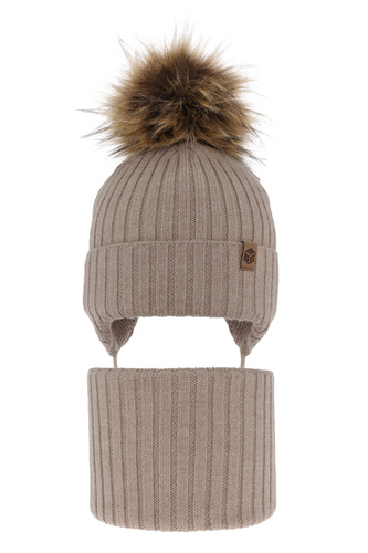 Ensemble d'hiver garçon: bonnet et snood, beige, avec liens, avec laine mérinos, Juno