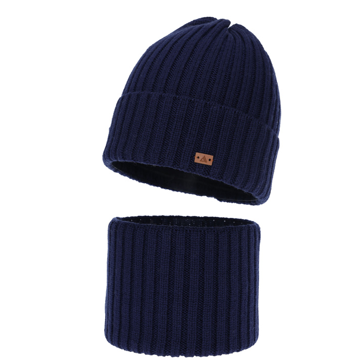 Ensemble d'hiver garçon: bonnet et snood, bleu marine, 100% Laine Mérinos, Umberto