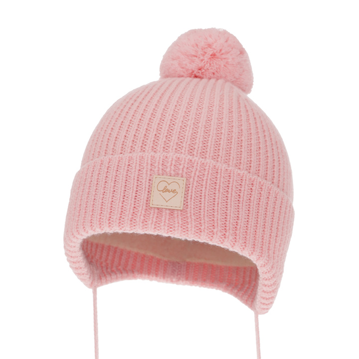 Bonnet d'hiver fille, rose, avec laine mérinos, doublé de polaire, avec liens, Havana