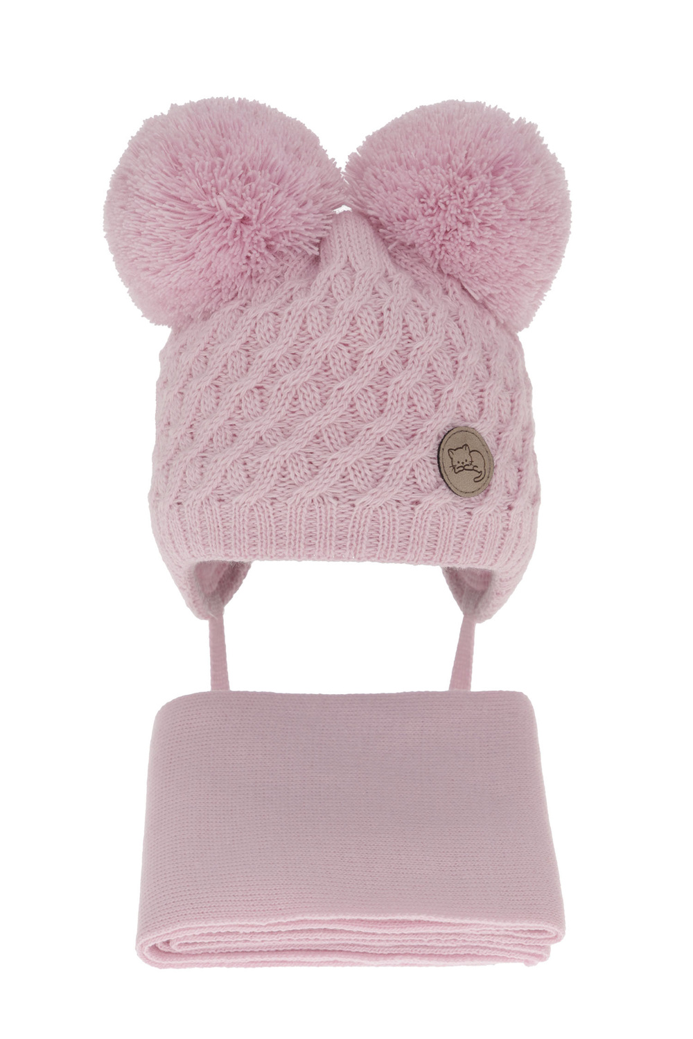 Ensemble d'hiver fille: bonnet et écharpe, lilas, avec deux pompons, avec liens, Anava