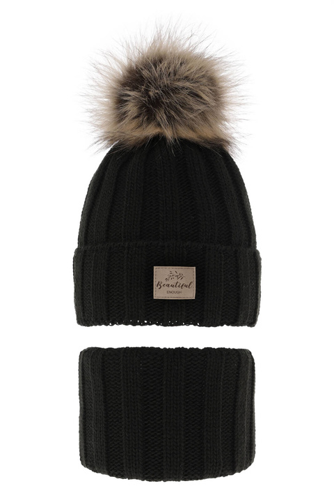 Ensemble d'hiver fille: bonnet et snood, noir, avec pompon, Kaliope