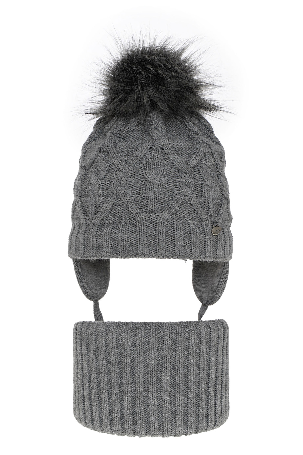 Ensemble d'hiver fille: bonnet et snood, gris, avec pompon, avec liens, Elena
