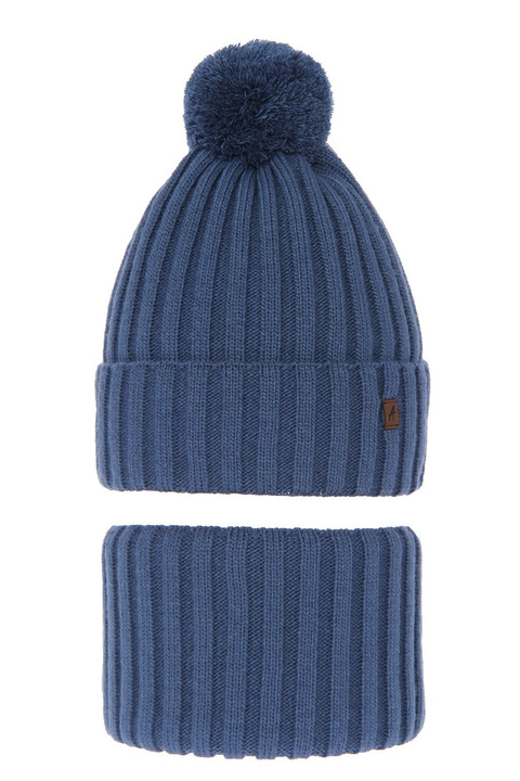 Ensemble d'hiver garçon: bonnet et snood, bleu, avec pompon, Wiliam