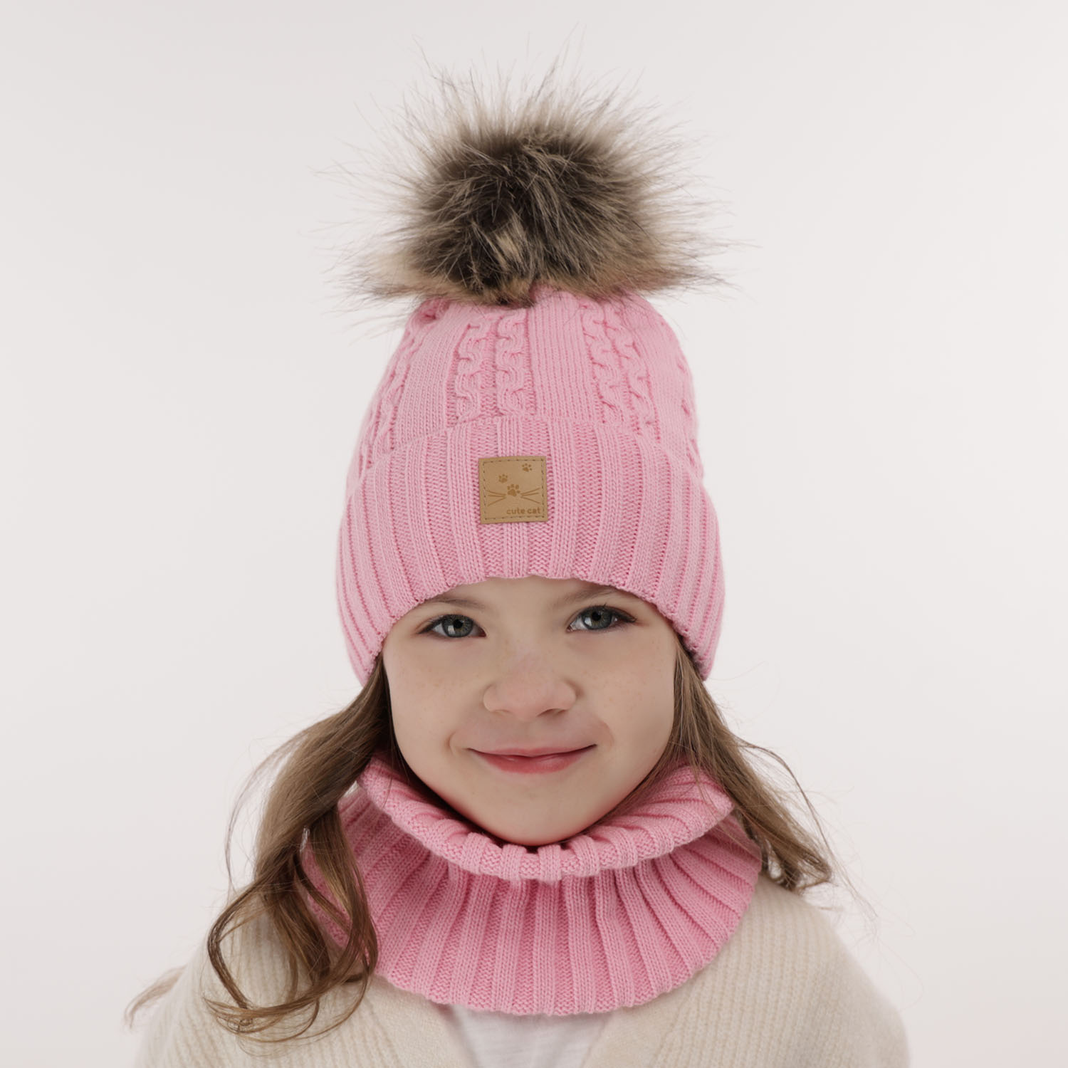 Ensemble d'hiver fille: bonnet et snood, violet, avec pompon, Alexia