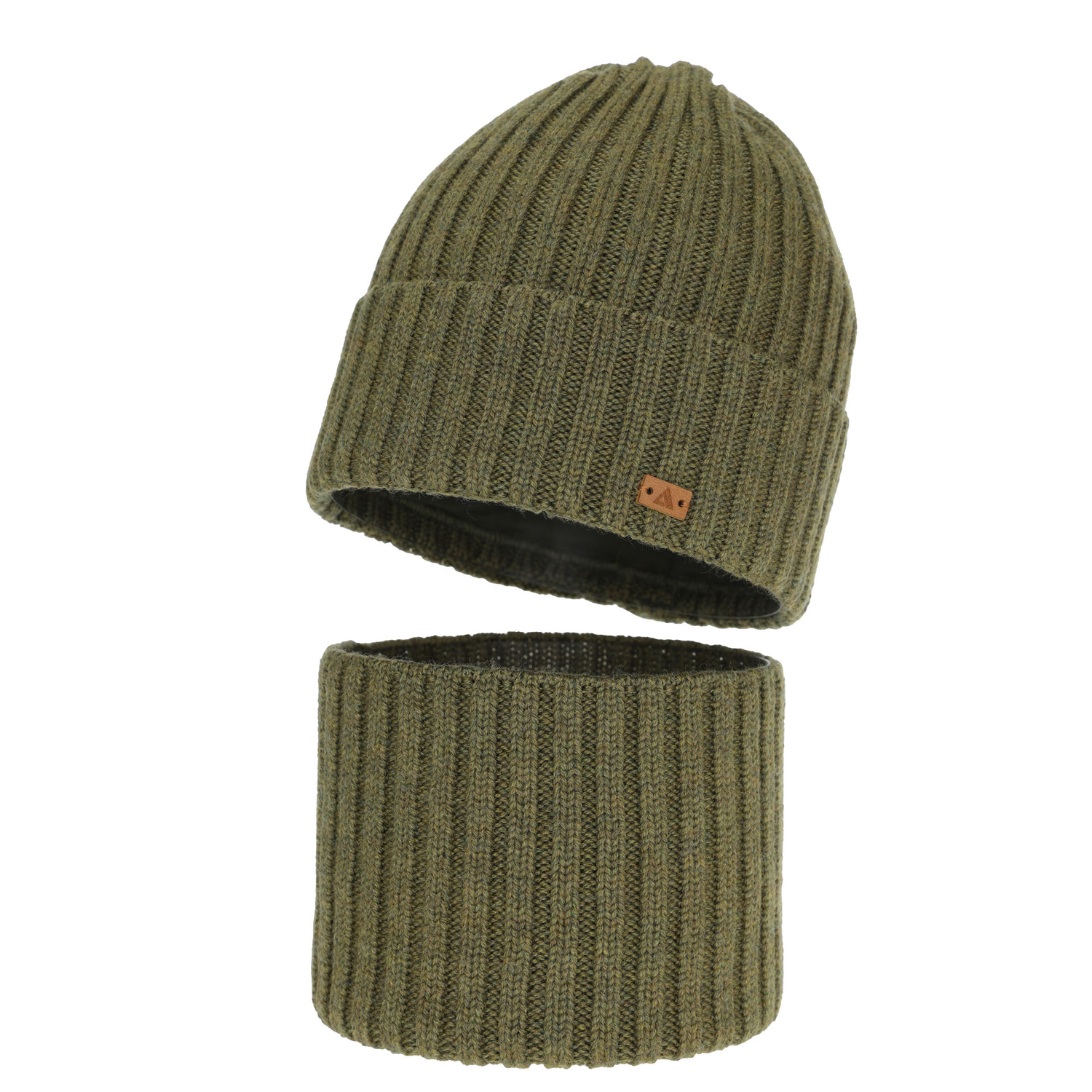 Ensemble d'hiver garçon: bonnet et snood, 100% Laine Mérinos, khaki, Umberto