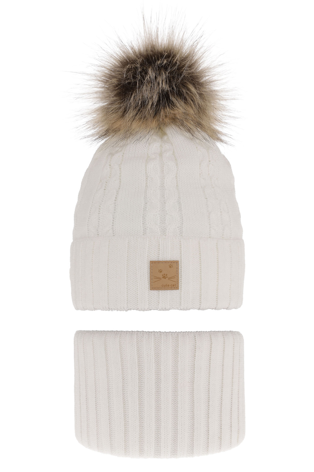 Ensemble d'hiver fille: bonnet et snood, blanc, avec pompon, Alexia