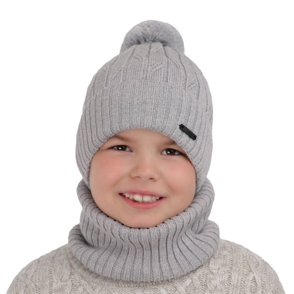 Ensemble d'hiver garçon: bonnet et snood, gris, avec pompon, avec laine mérinos, Talar