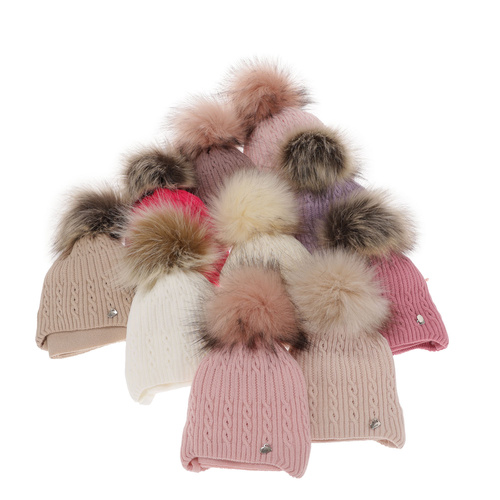 Ensemble d'hiver fille: bonnet et écharpe, crème, avec pompon, Amana