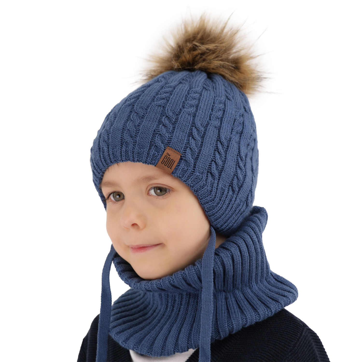 Ensemble d'hiver garçon: bonnet et snood, bordeaux, avec pompon, avec liens, Indigo