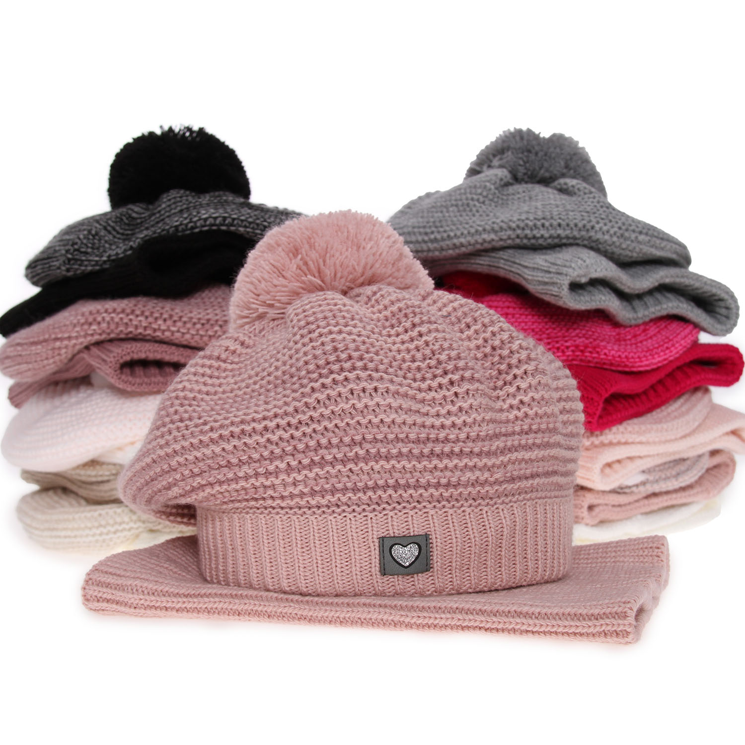 Ensemble d'hiver fille: béret et snood, blanc, avec pompon, Lira