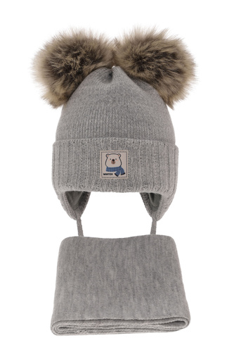 Ensemble d'hiver garçon: bonnet et écharpe, gris, avec deux pompons, avec liens, Jewel