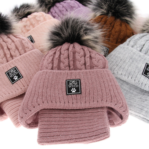 Ensemble d'hiver fille: bonnet et snood, violet, avec liens, avec pompon, Melodia