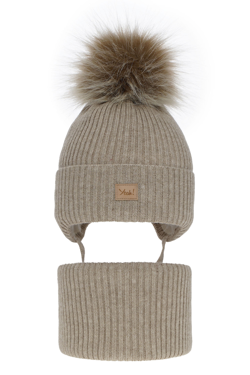 Ensemble d'hiver fille: bonnet et snood, beige, avec pompon, Dilajla