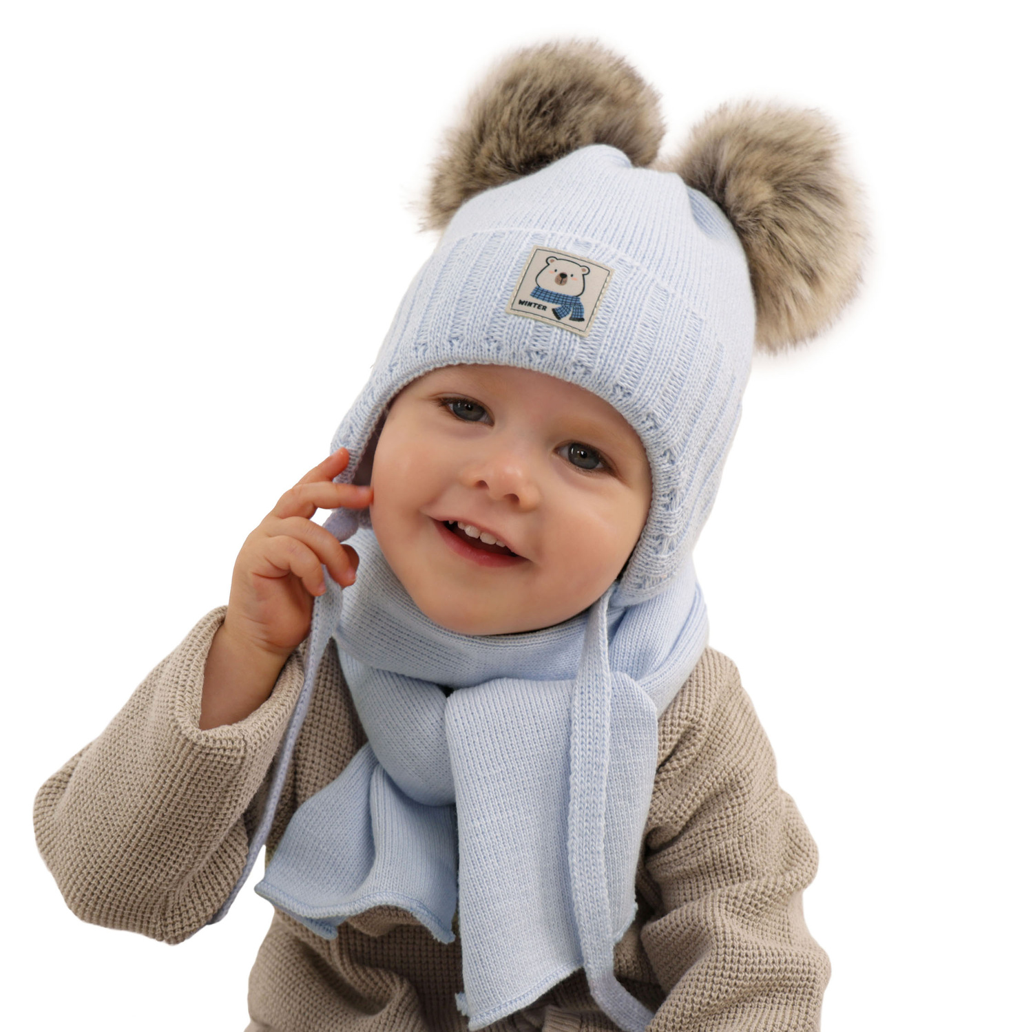 Ensemble d'hiver garçon: bonnet et écharpe, camel, avec deux pompons, Jewel