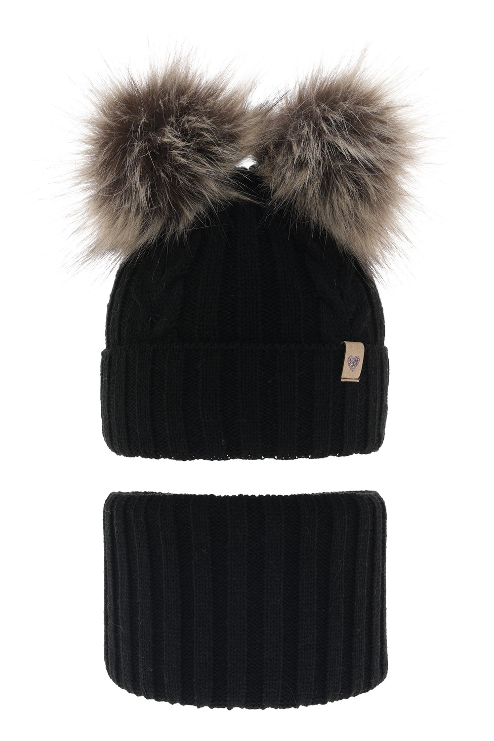 Ensemble d'hiver fille: bonnet et snood, noir, avec deux pompons, Amala