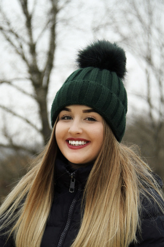Bonnet d'hiver femme, beige, avec pompon, Mokka