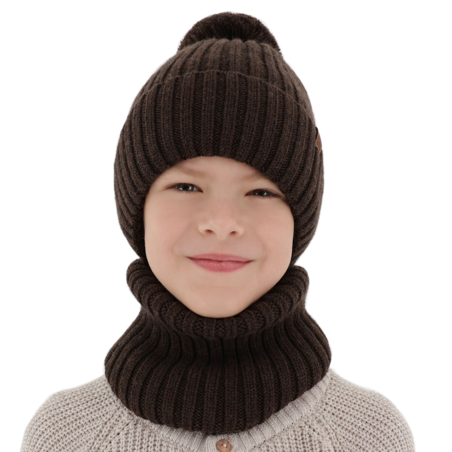 Ensemble d'hiver garçon: bonnet et snood, noir, 100% laine mérinos, doublé de coton, Tolmar