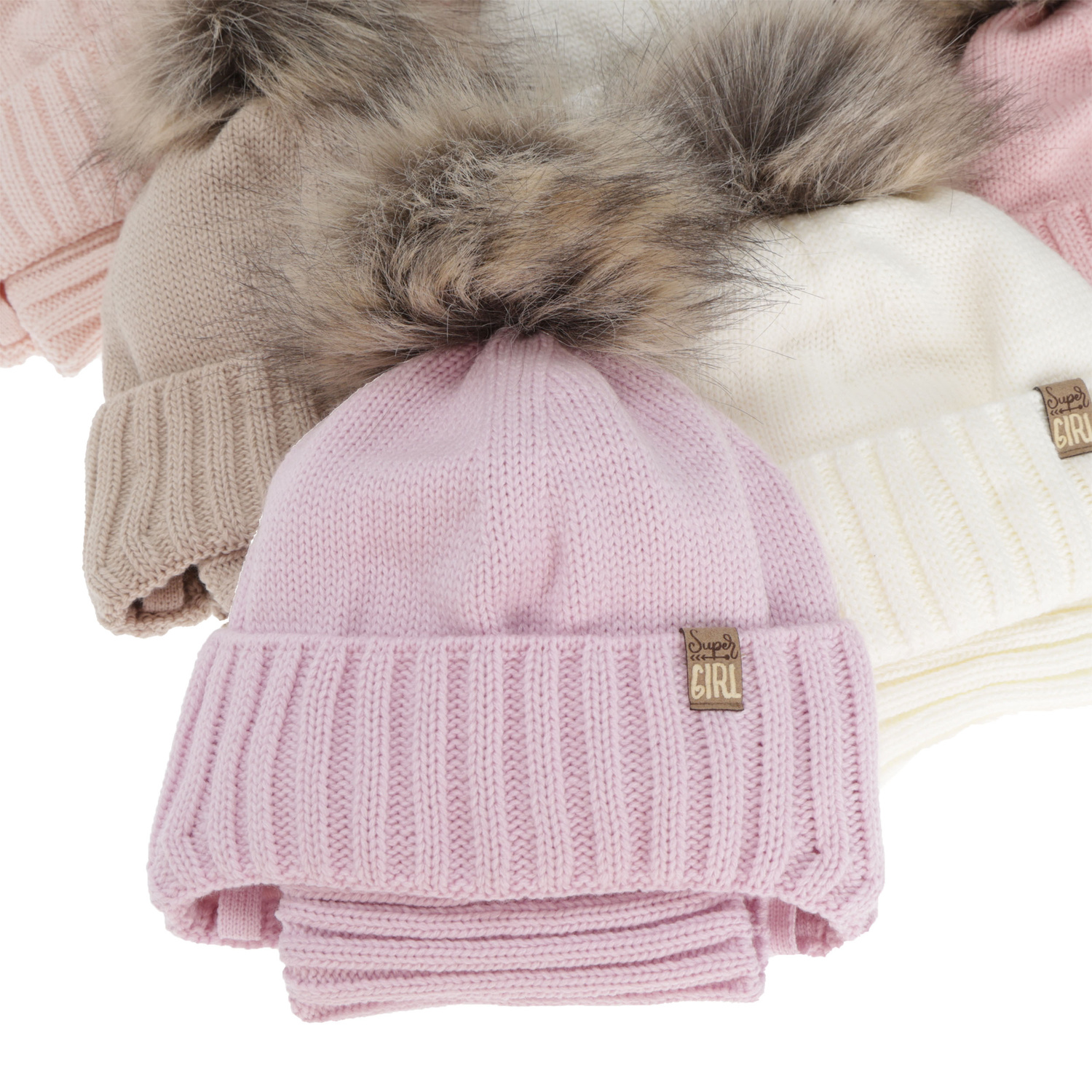 Ensemble d'hiver fille: bonnet et snood, blanc, avec pompon, Primula