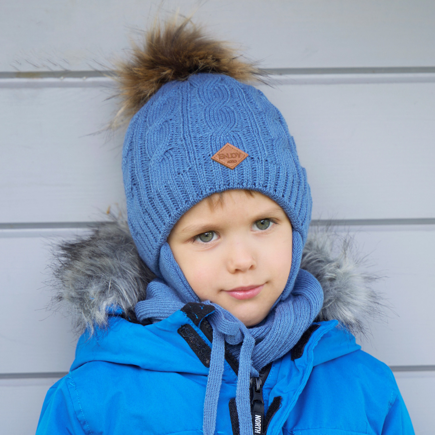 Ensemble d'hiver garçon: bonnet et écharpe, bleu marine, avec pompon, Minor