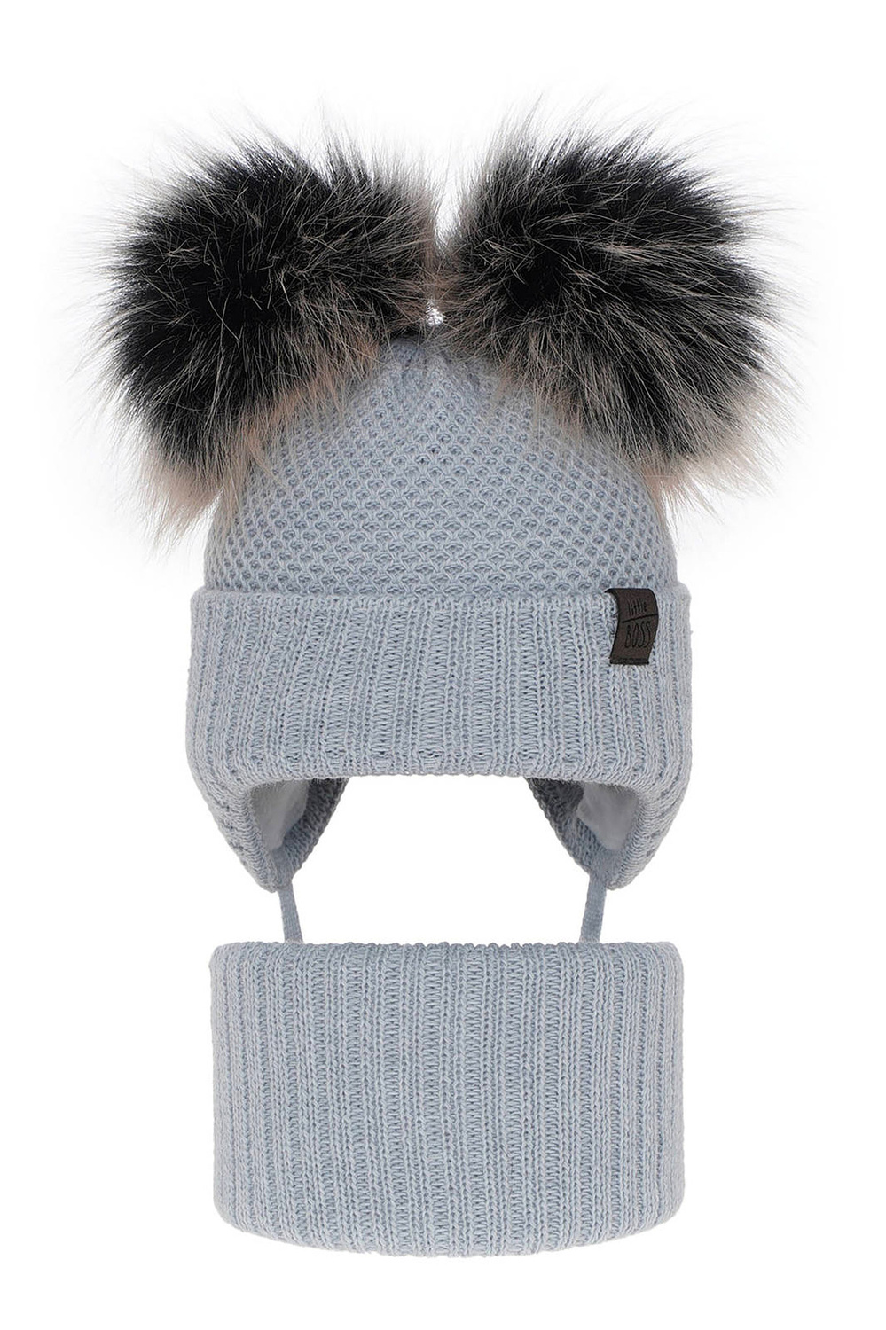 Ensemble d'hiver garçon: bonnet et snood, bleu, avec deux pompons, avec liens, Randel