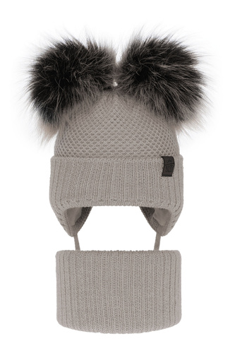 Ensemble d'hiver garçon: bonnet et snood, beige, avec deux pompons, avec liens, Randel