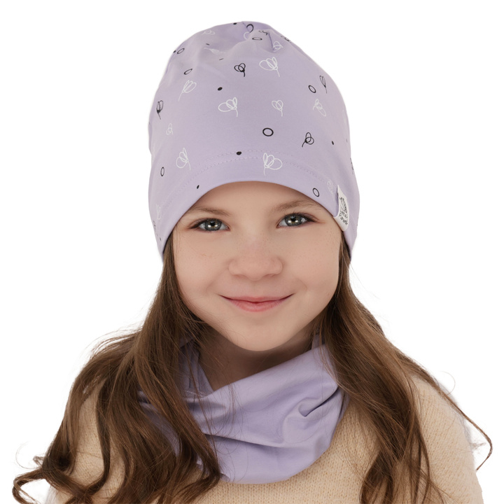 Ensemble automne/printemps fille: bonnet et snood, violet, en coton, Fiora