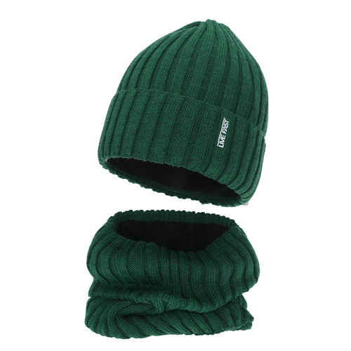 Ensemble d'hiver garçon: bonnet et snood, vert, avec laine mérinos, doublé polaire, Banasko