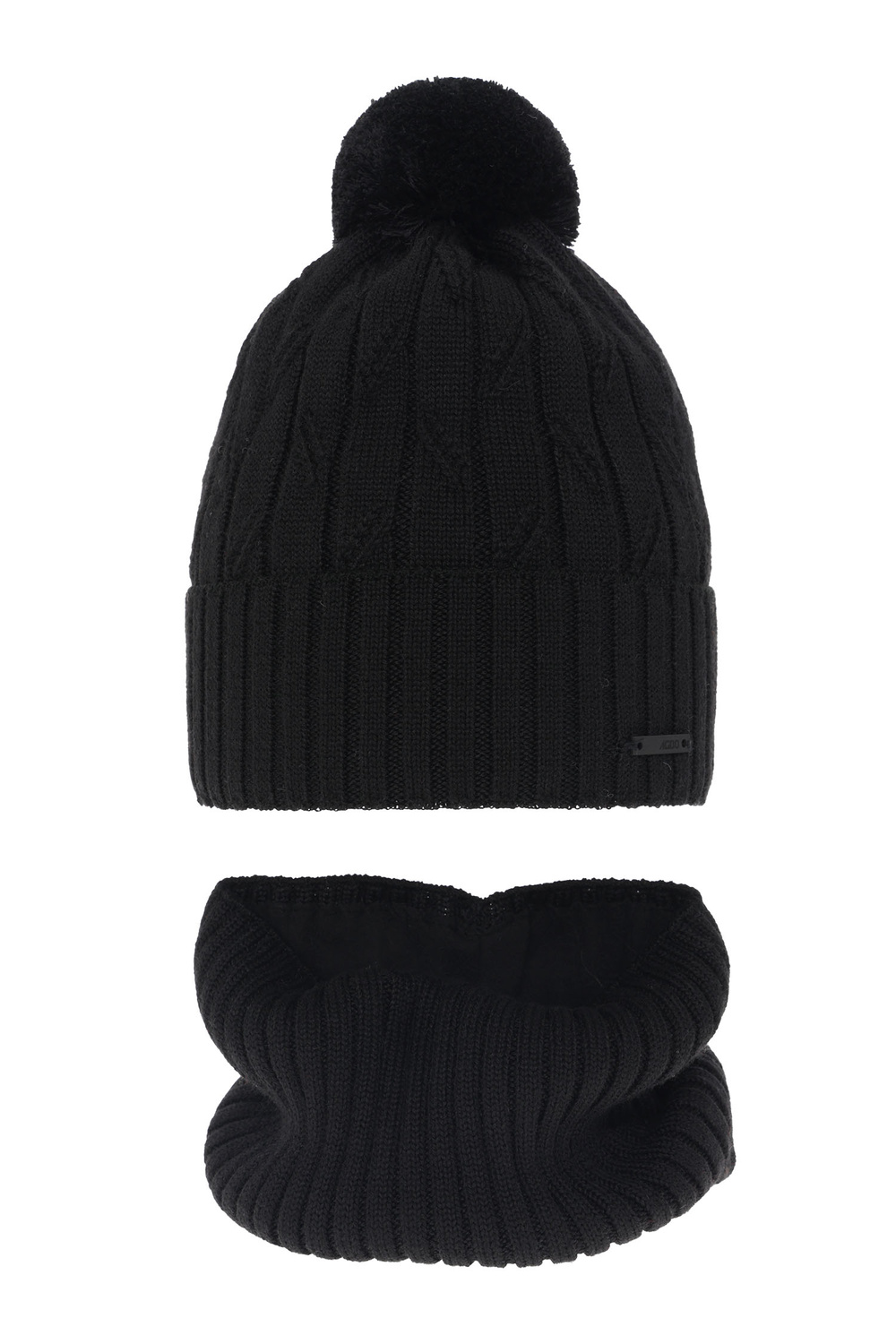 Ensemble d'hiver garçon: bonnet et snood, noir, avec pompon, avec laine mérinos, Talar