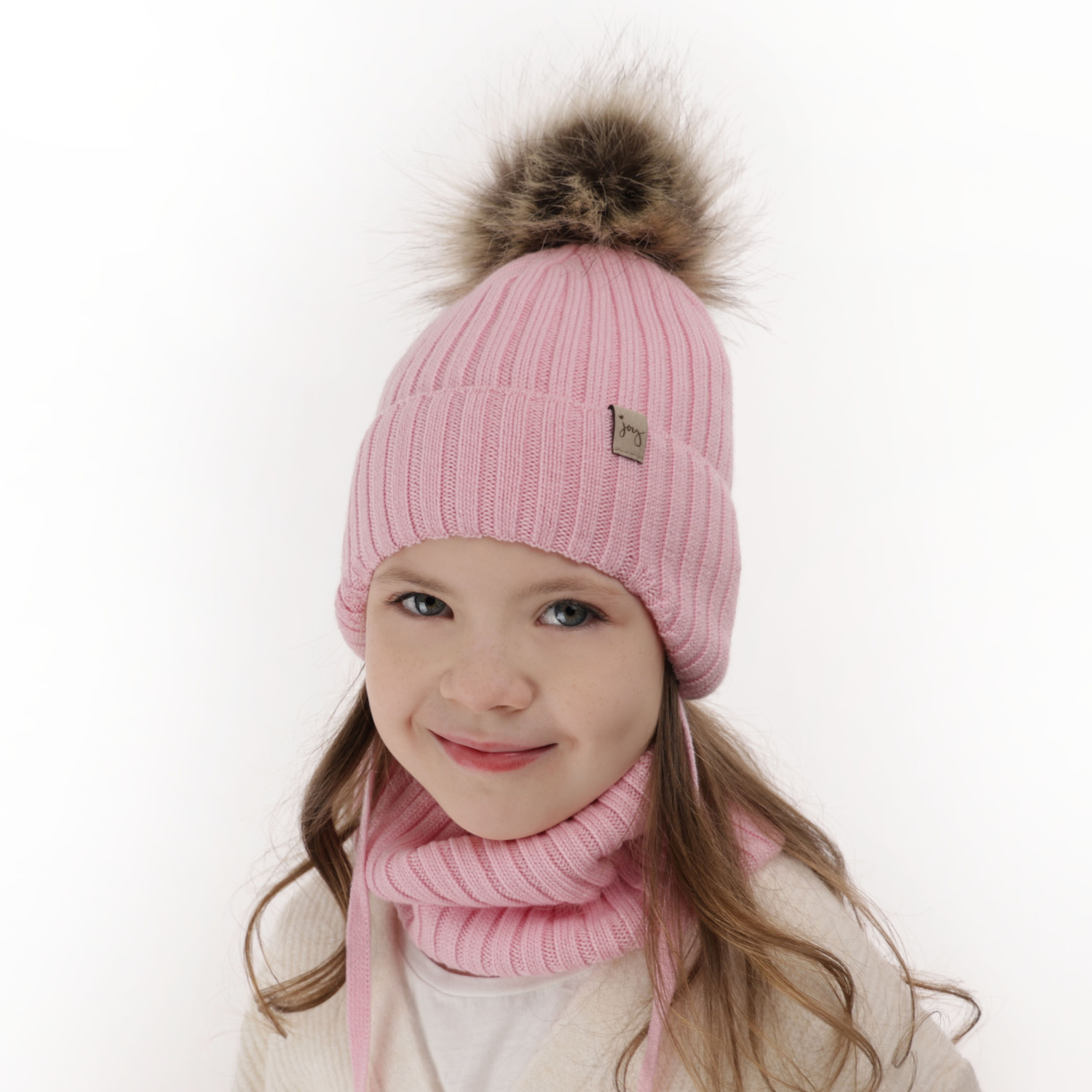 Ensemble d'hiver fille: bonnet et snood, beige, avec laine mérinos, avec liens, Junika