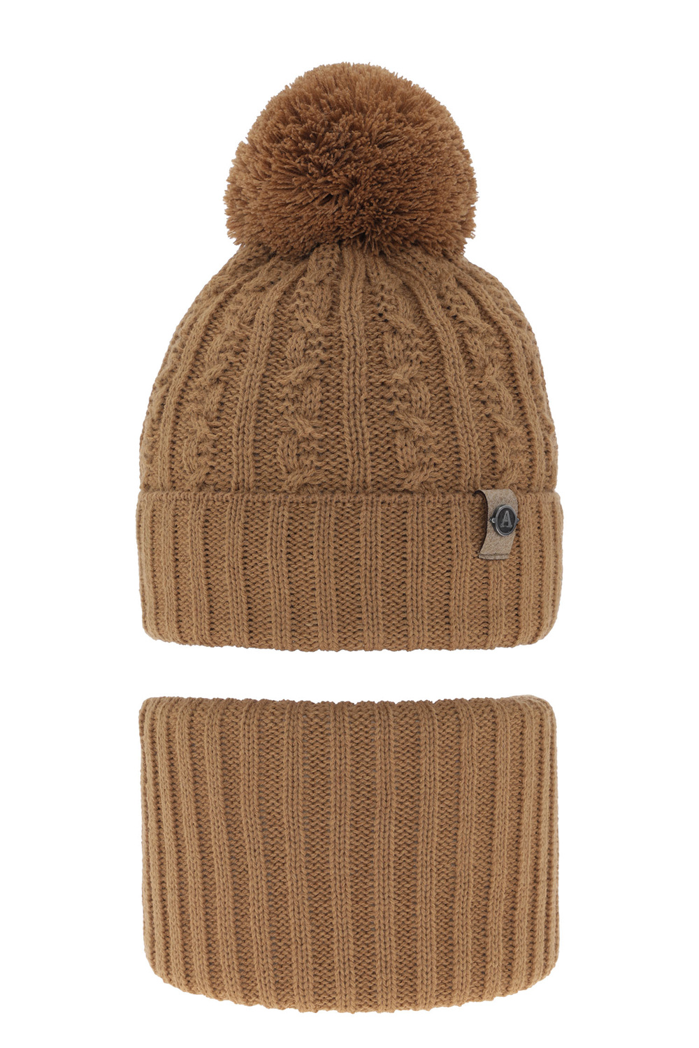 Ensemble d'hiver garçon: bonnet et snood, camel, avec pompon, Almond